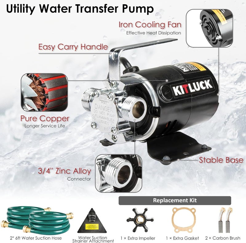 KITLUCK Water Transfer Pump, 115V 1/10HP 330GPH Utility Water Pump Electric With 2 * 6ft Suction Hose, Portable Small Water Pump For Pool Draining, Removing Water From Rain Barrel, Aquariums, etc. - Image 2